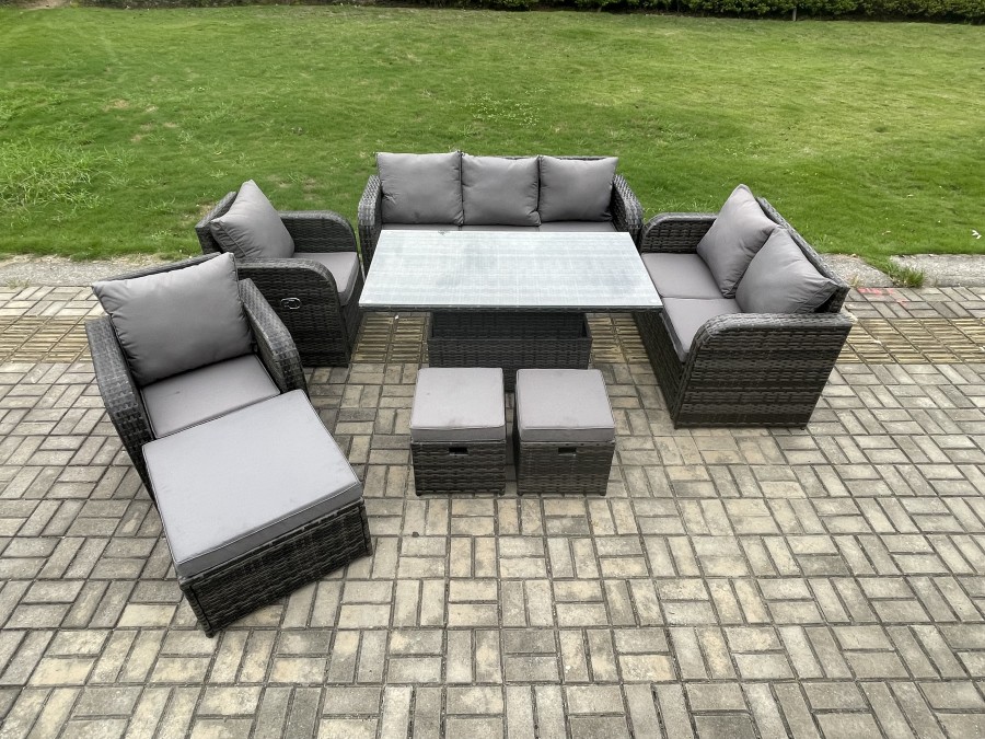 Click to view product details and reviews for Fimous Wicker Pe Rattan Outdoor Garden Furniture Sets Height Adjustable Rising Lifting Dining Table Reclining Chair Sofa Set With 3 Footstools Dark Gr.