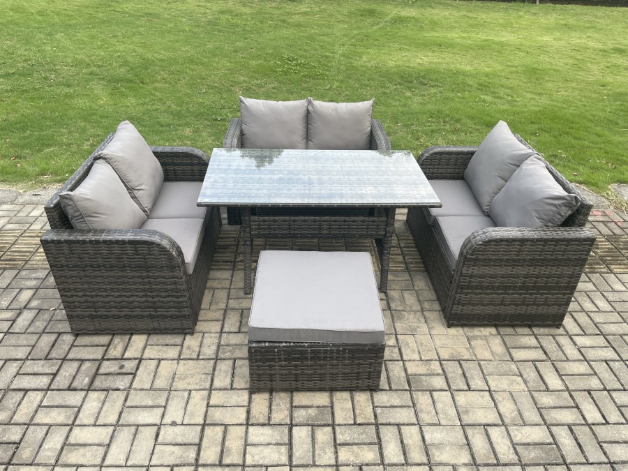 Click to view product details and reviews for Fimous Wicker Pe Rattan Sofa Outdoor Garden Furniture Set With Rectangular Dining Table Big Footstool Dark Grey Mixed.
