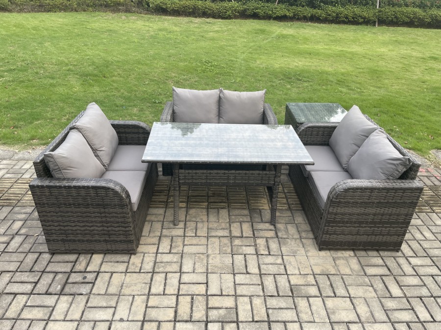 Click to view product details and reviews for Fimous Wicker Pe Rattan Sofa Outdoor Garden Furniture Set With Rectangular Dining Table Side Table Dark Grey Mixed.