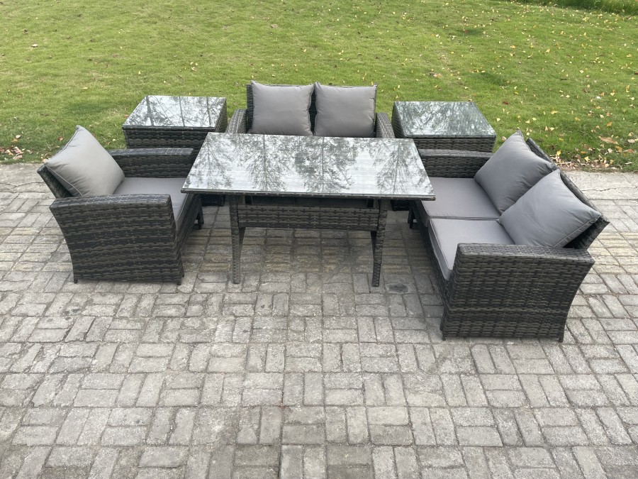 Click to view product details and reviews for Fimous Wicker Rattan Garden Dining Set Outdoor Furniture Sofa With Dining Table Double Seat Sofa 2 Side Tables Dark Grey Mixed.