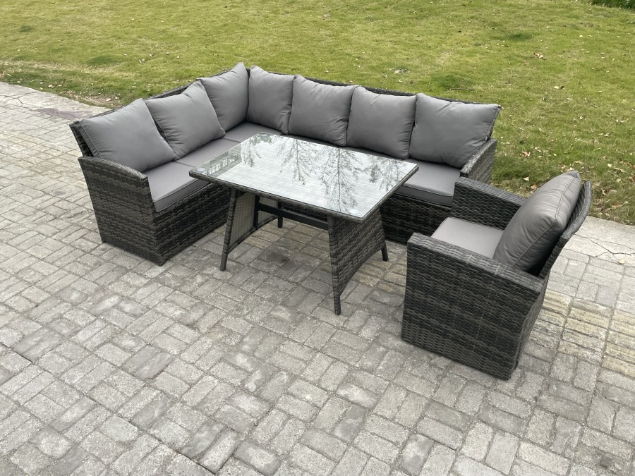 Click to view product details and reviews for Fimous Wicker Rattan Garden Furniture Corner Sofa Set With Oblong Dining Table Armchair 7 Seater Outdoor Rattan Set Dark Grey Mixed.