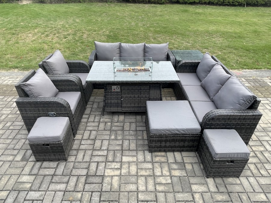 Click to view product details and reviews for Fimous Wicker Rattan Garden Furniture Set Gas Fire Pit Dining Table Indoor Outdoor With Side Tables Chair Loveseat Sofa 3 Footstools.