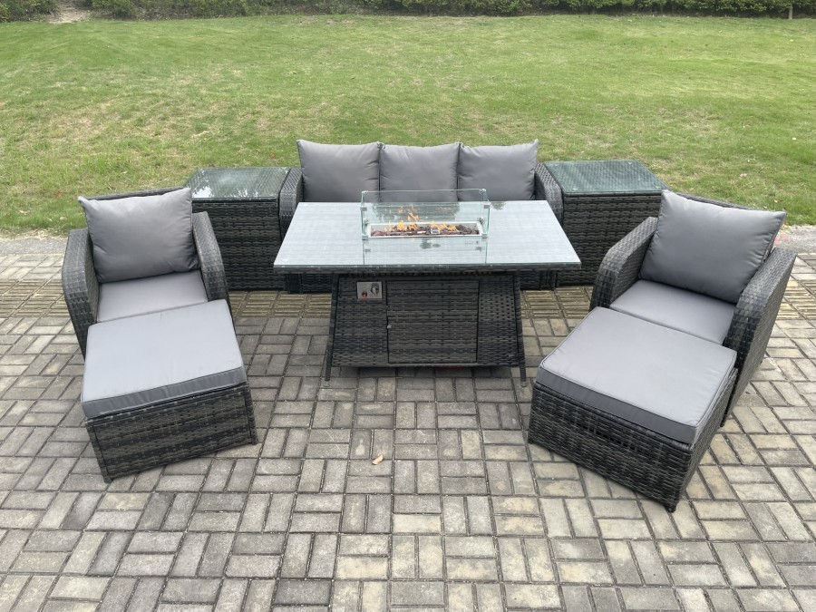 Click to view product details and reviews for Fimous Wicker Rattan Garden Furniture Sofa Set Gas Fire Pit Dining Table Indoor Outdoor With 2 Side Table Chair 2 Big Footstool.