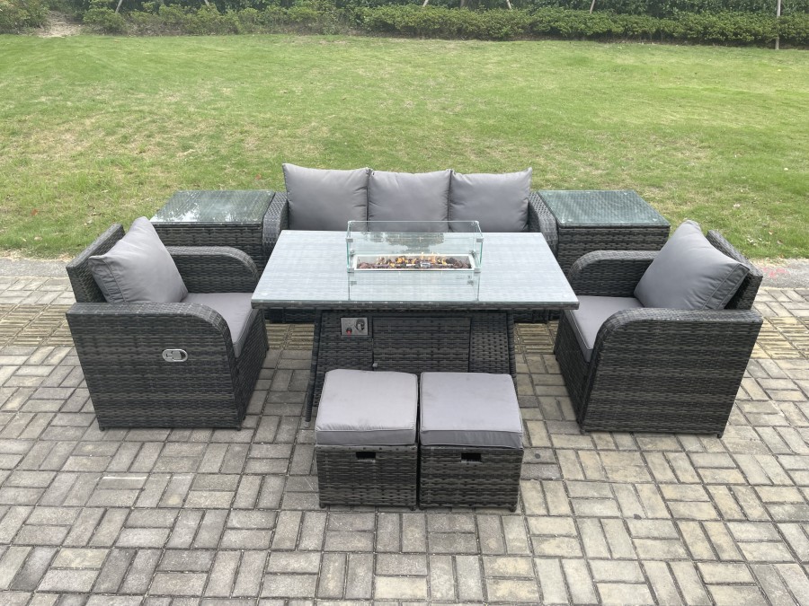 Click to view product details and reviews for Fimous Wicker Rattan Garden Furniture Sofa Set Gas Fire Pit Dining Table Indoor Outdoor With 2 Side Table Chair Footstool.