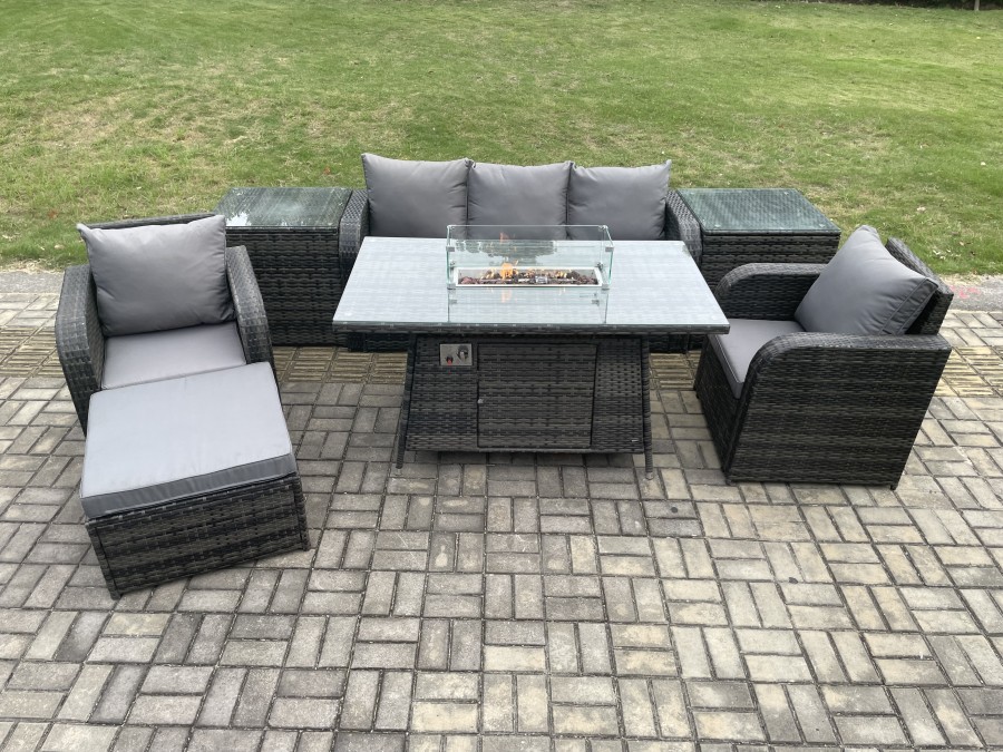 Click to view product details and reviews for Fimous Wicker Rattan Garden Furniture Sofa Set Gas Fire Pit Dining Table Indoor Outdoor With 2 Side Tables Chair Footstool.