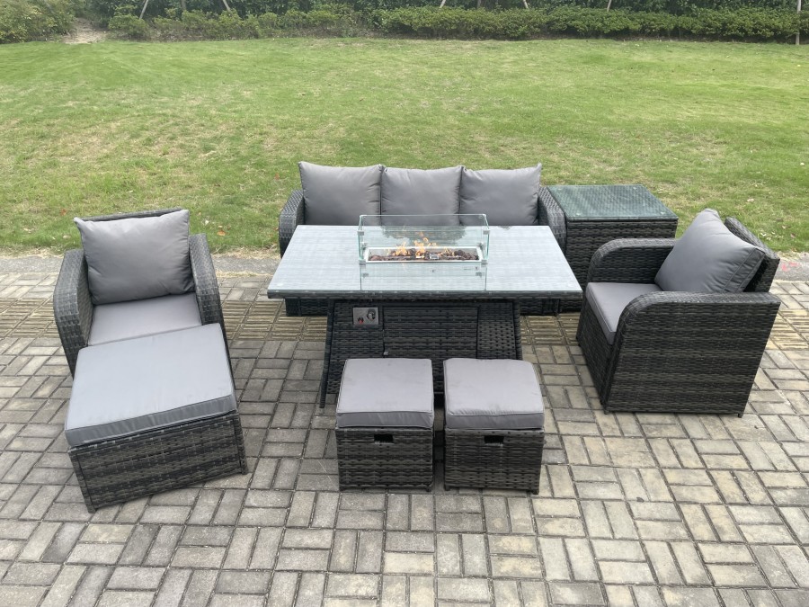 Click to view product details and reviews for Fimous Wicker Rattan Garden Furniture Sofa Set Gas Fire Pit Dining Table Indoor Outdoor With Side Table Chair 3 Footstools.