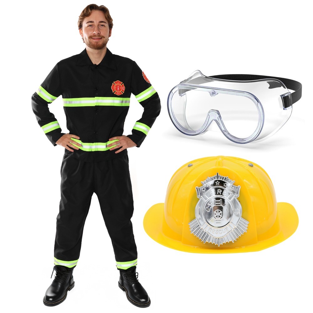 Click to view product details and reviews for Adults Fireman Costume 4 Pcs Top Trousers Goggles Hat Large.