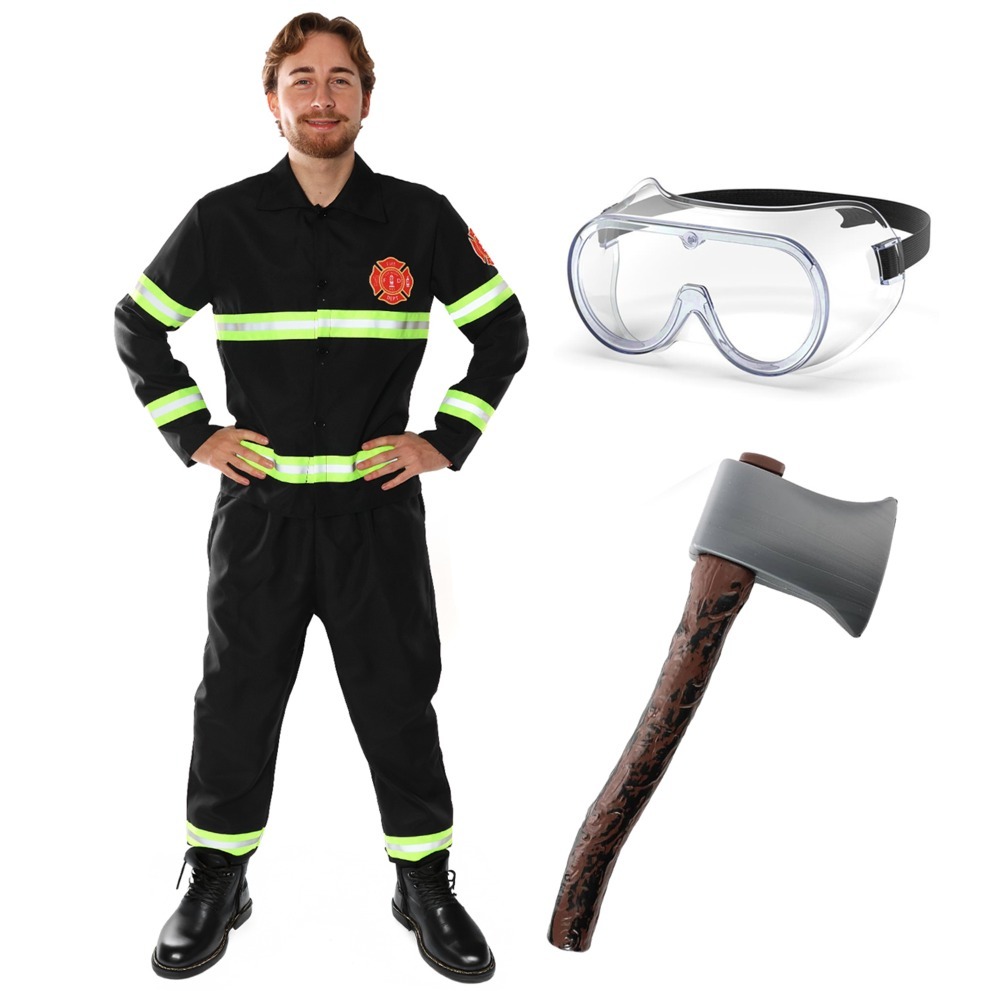 Click to view product details and reviews for Adults Fireman Costume 4 Pcs Top Trousers Axe Goggles Large.