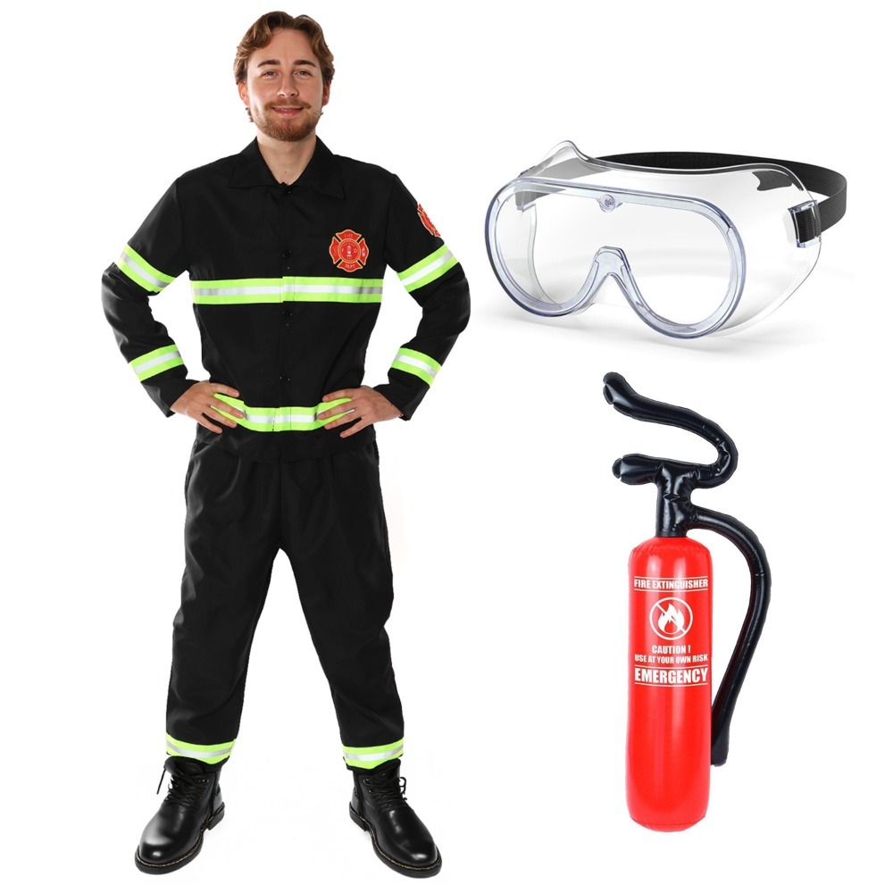 Click to view product details and reviews for Adults Fireman Costume 4 Pcs Top Trousers Goggles Inflatable Fire Extinguisher Large.