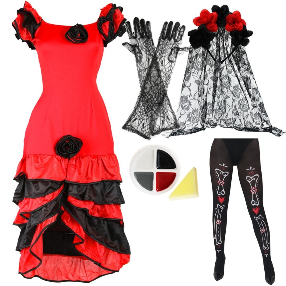 Ladies Day of The Dead Halloween Costume | 5 Pcs... | Cazaar