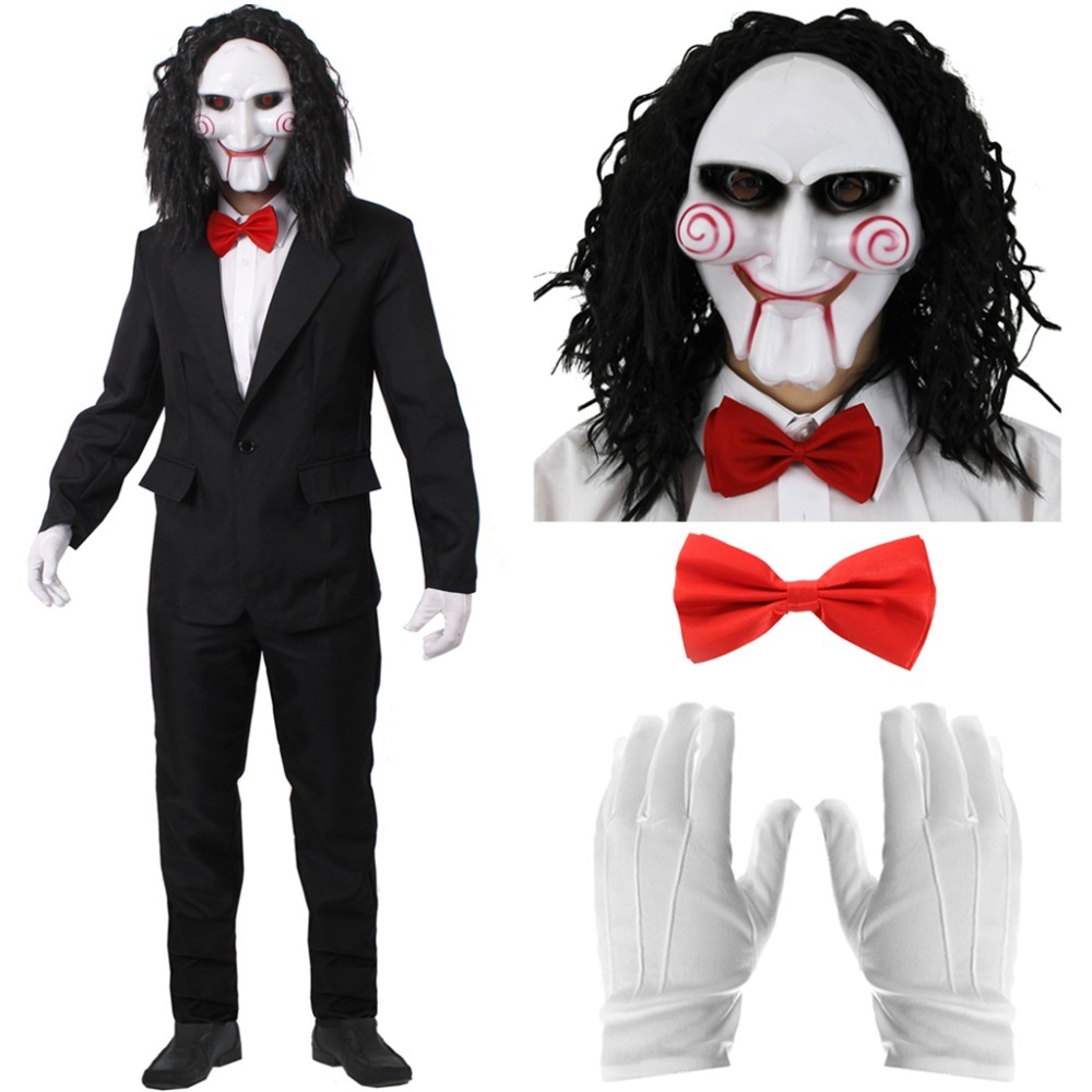 Click to view product details and reviews for Adults Horror Puppet Costume 5 Pcs Black Suit Mask Wig White Gloves Red Bow Tie Large.