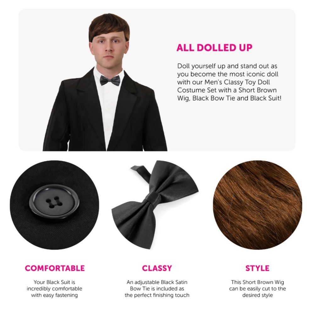 Boy Doll Costume - Black Suit, Wig & Black Bowtie
