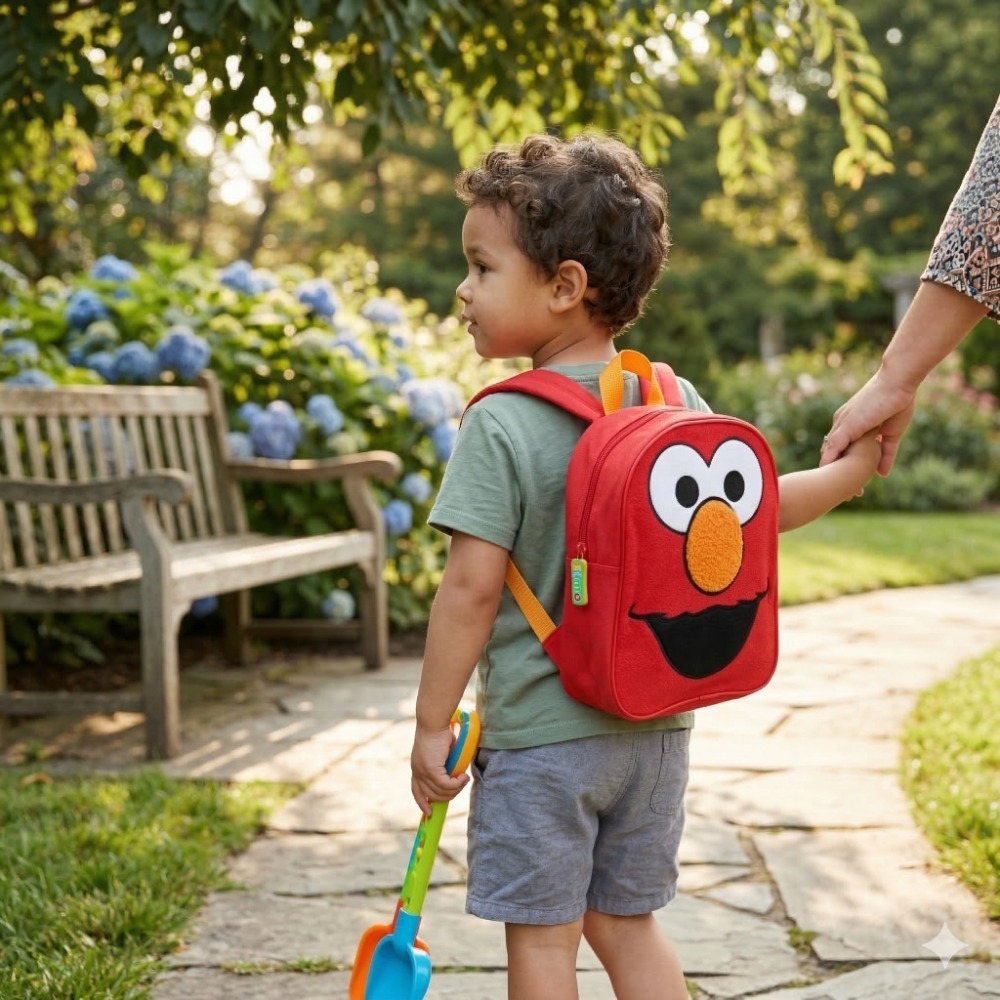 Sesame Street Kids Backpack Set 3 Pcs | 25x30cm | Elmo Classic, Elmo Fluffy Plush & Cookie Monster Backpack | Adjustable Straps | School Nursery Travel Bags for Children