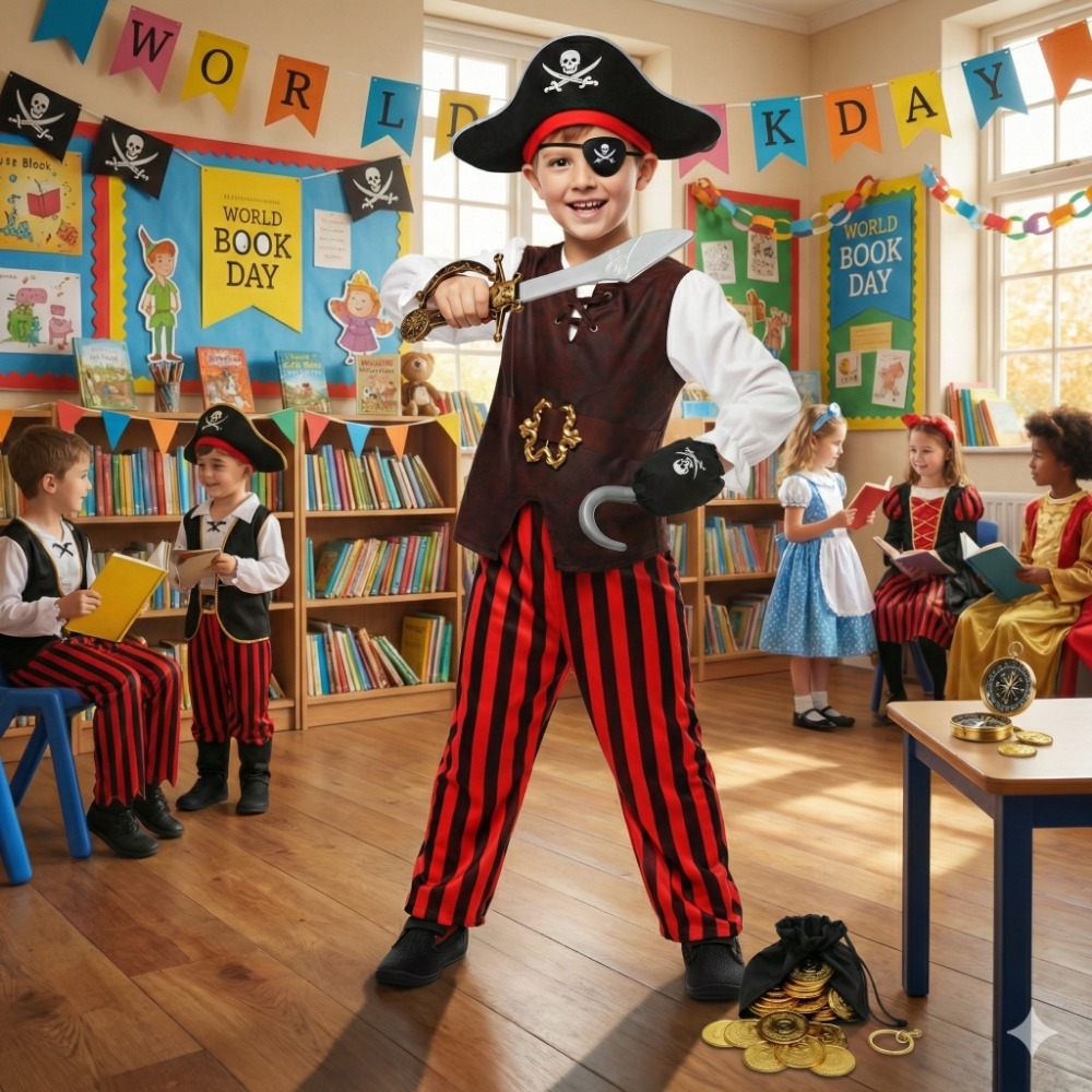 Boys Pirate Costume | 8 Pcs | Costume, Hats. Eye Patch, Earing, Coins, Hook & Sword