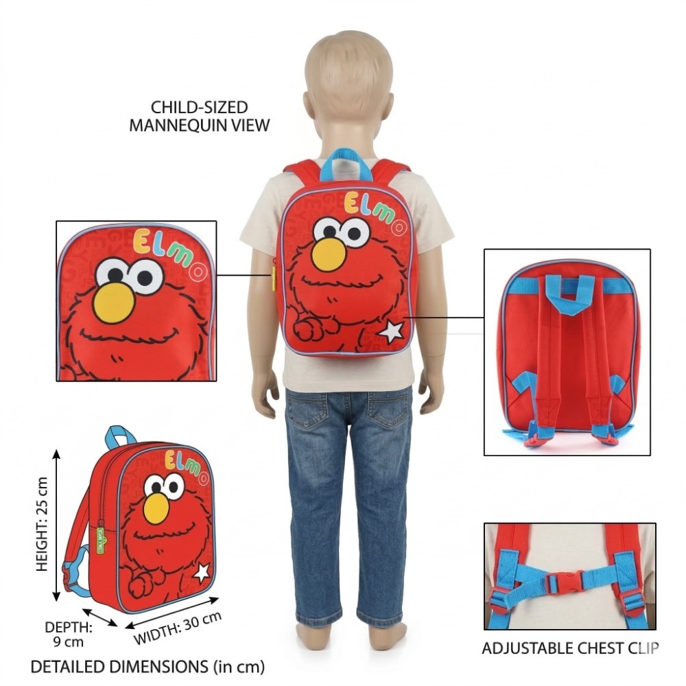 Sesame Street Kids Backpack Set 3 Pcs | 25x30cm | Elmo Classic, Elmo Fluffy Plush & Cookie Monster Backpack | Adjustable Straps | School Nursery Travel Bags for Children