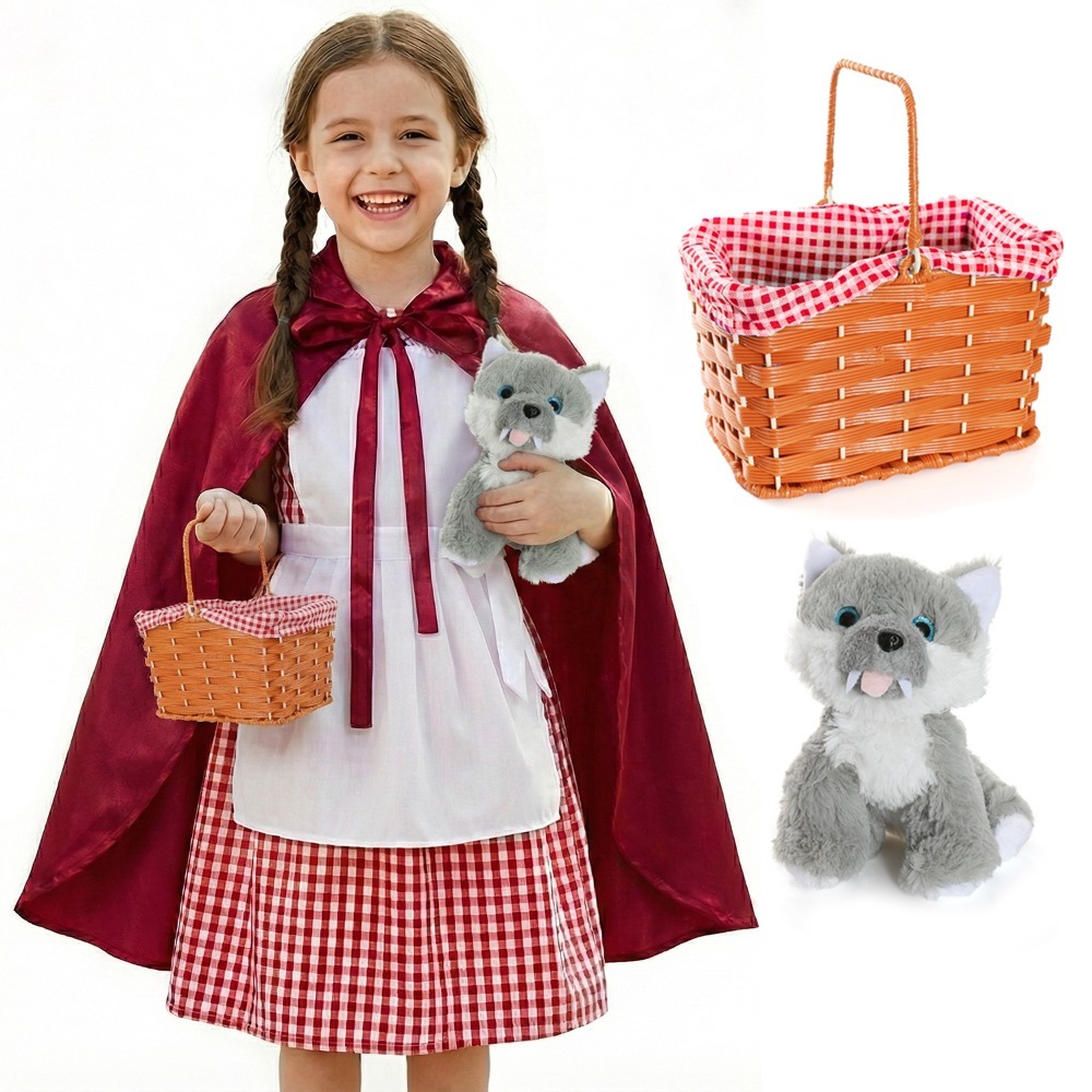 Girls Little Red Riding Hood Costume | 5 Pcs | Dress, Apron, Cape, Basket & Wolf