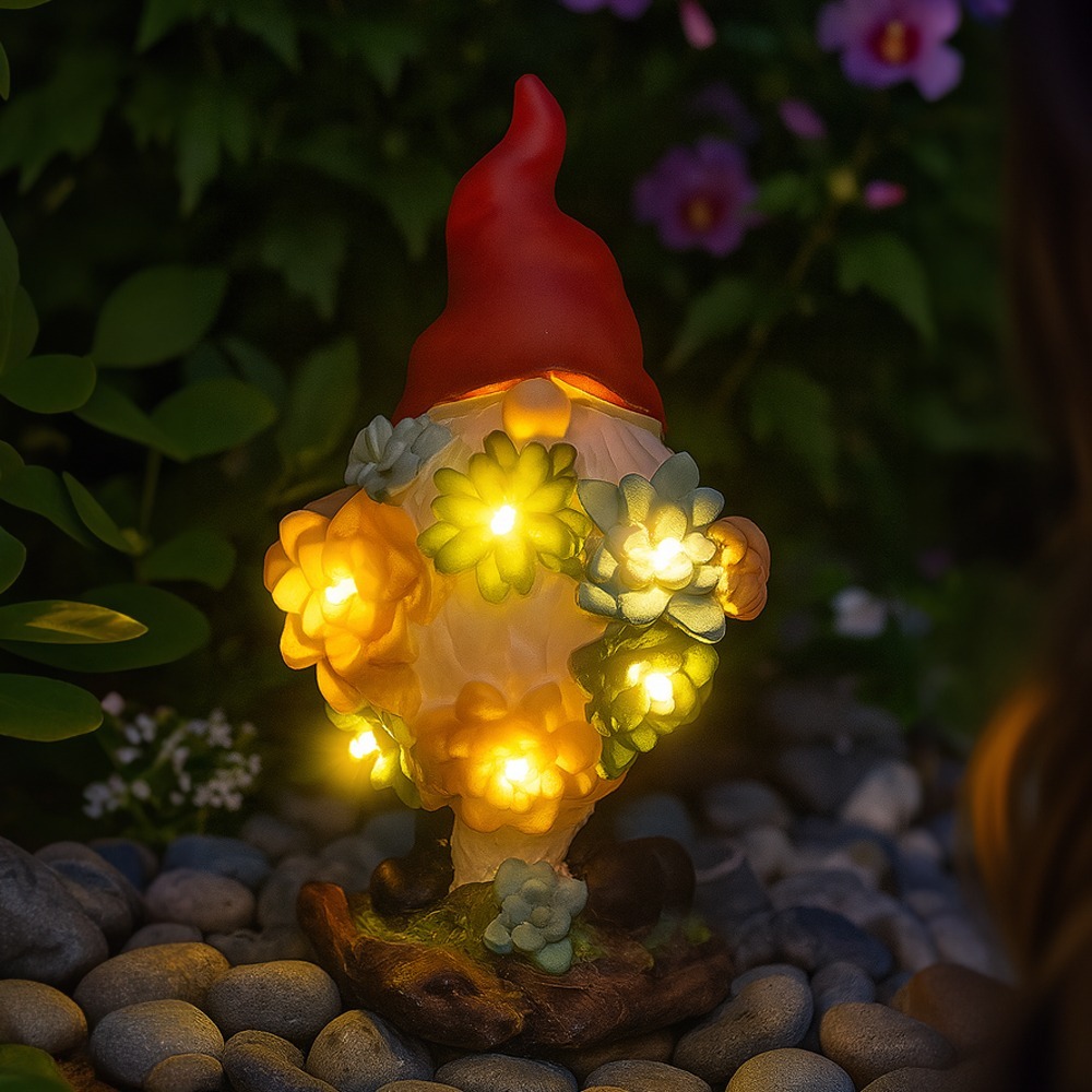 Solar Gonk Garden Statue with Succulents & LED Lights - 22cm (8.5 Inch)  – Enchanting Outdoor Ornament for Magical Evenings