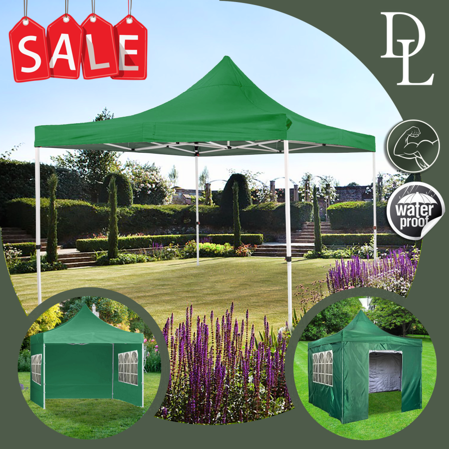 Green Deluxe Commercial Gazebo with Zipped Removeable Sides - 3m x 3m - Waterproof PVC Coated
