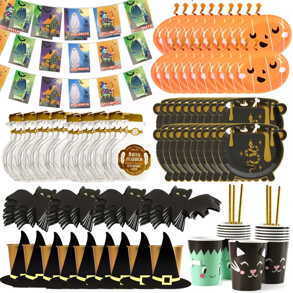 Halloween Party Tableware Set & Decorations Kit | All-in-One Spooky Party Supplies Bundle with Themed Pumpkin & Cauldron Plates, Bat & Potion Napkins, Cups, and Festive Bunting