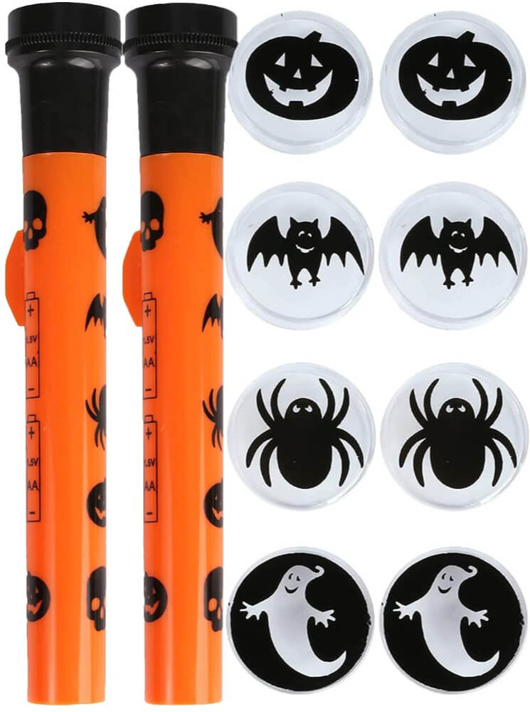 Halloween Projector Torch - Orange and Black Torch Decorated with Halloween Symbols