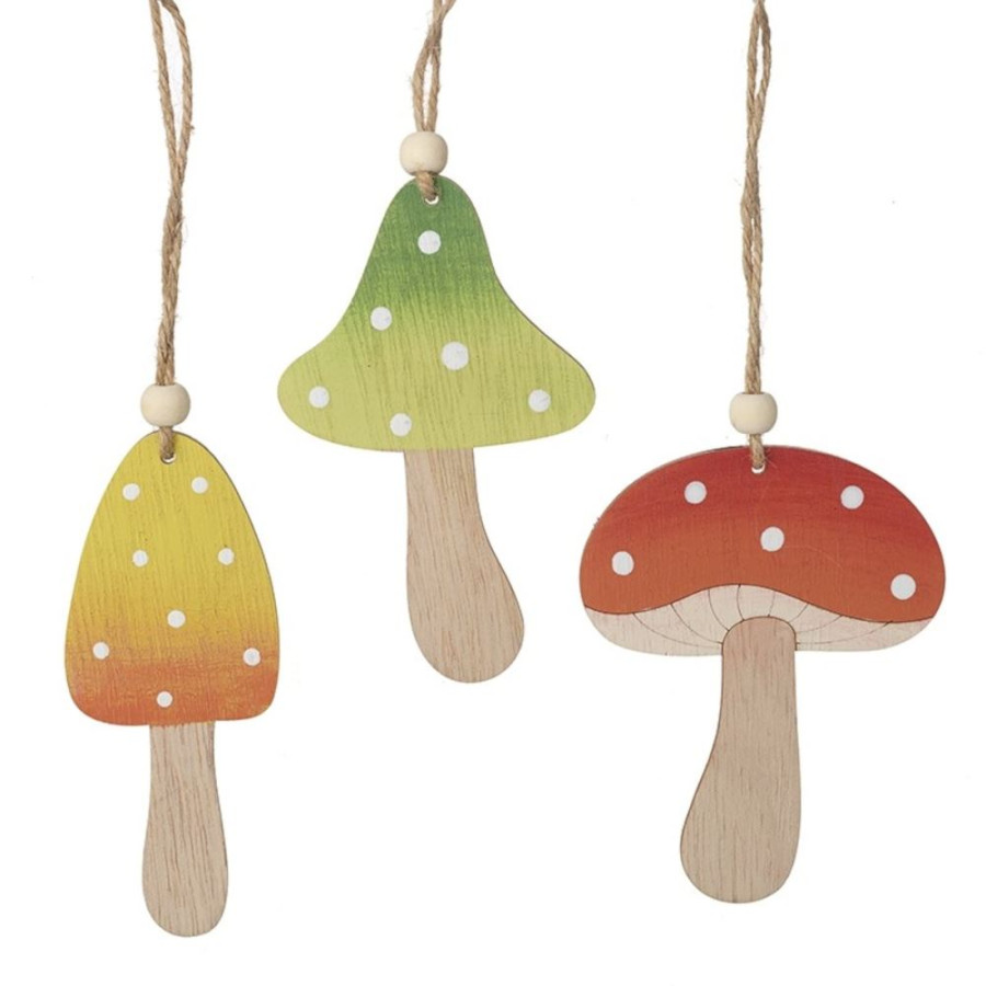 Click to view product details and reviews for Hanging Wooden Mushrooms Woodland Home Decoration Toadstool X 3.