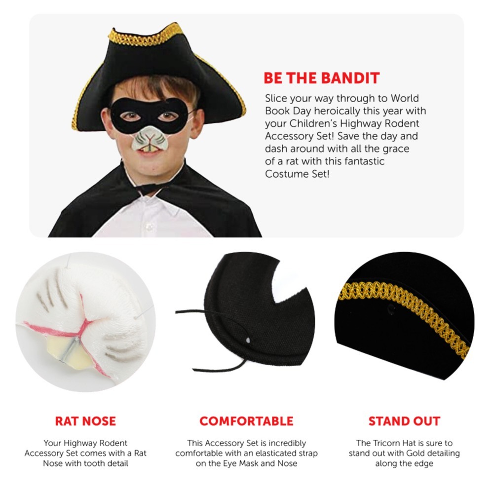 Childs Highway Rodent Accessory Set - Gold Trim Tricorn Hat & Mask