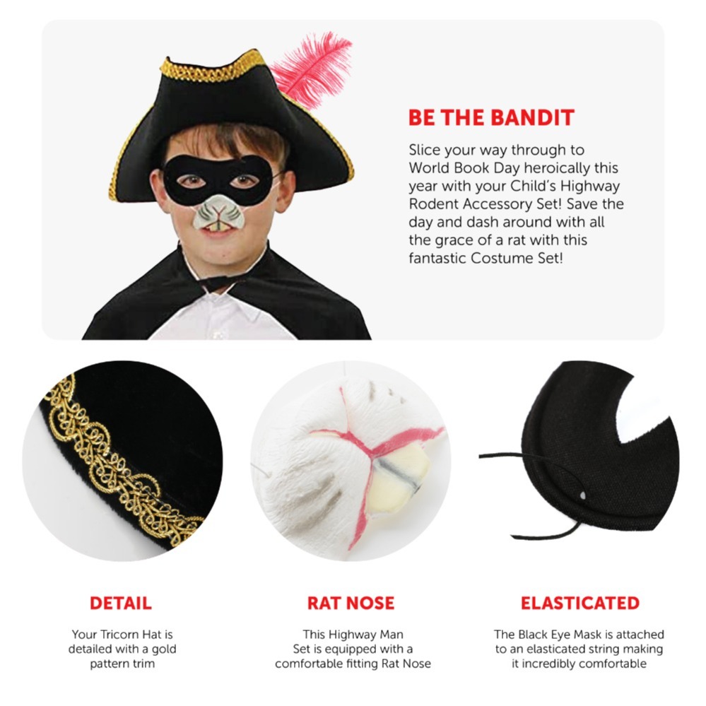 Childs Highway Rodent Accessory Set - Feather Tricorn Hat & Mask
