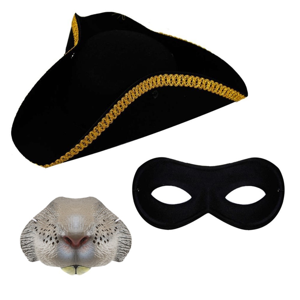 Childs Highway Rodent Accessory Set | 3 Pcs | Gold Trim Tricorn Hat, Nose & Mask