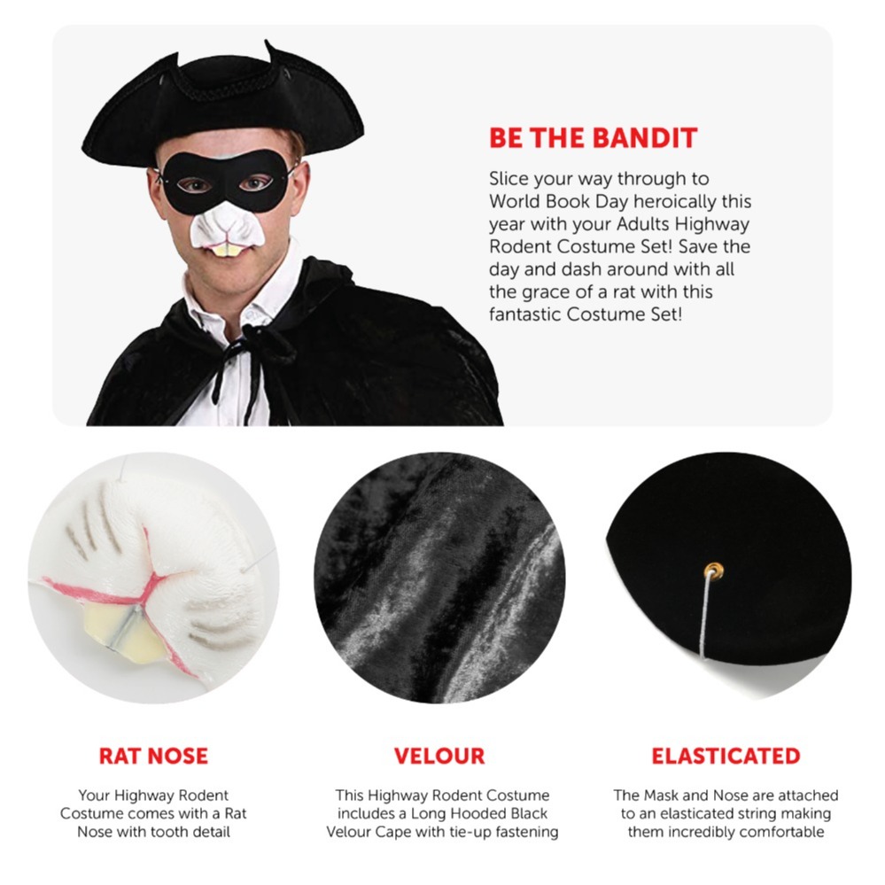 Adults Highway Man Costume - Black Tricorn Hat, Cape, Nose, Mask & Sword