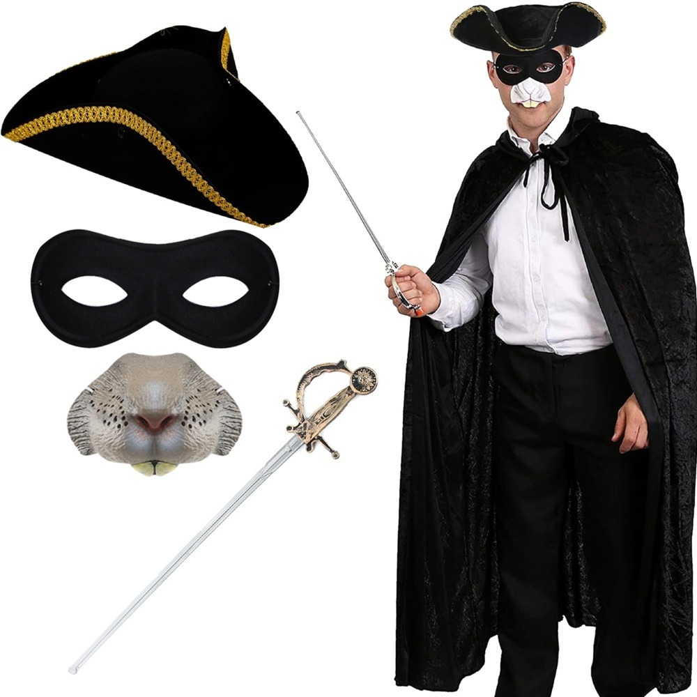 Adults Highway Man Costume - Gold Trim Tricorn Hat, Cape, Nose, Mask & Sword
