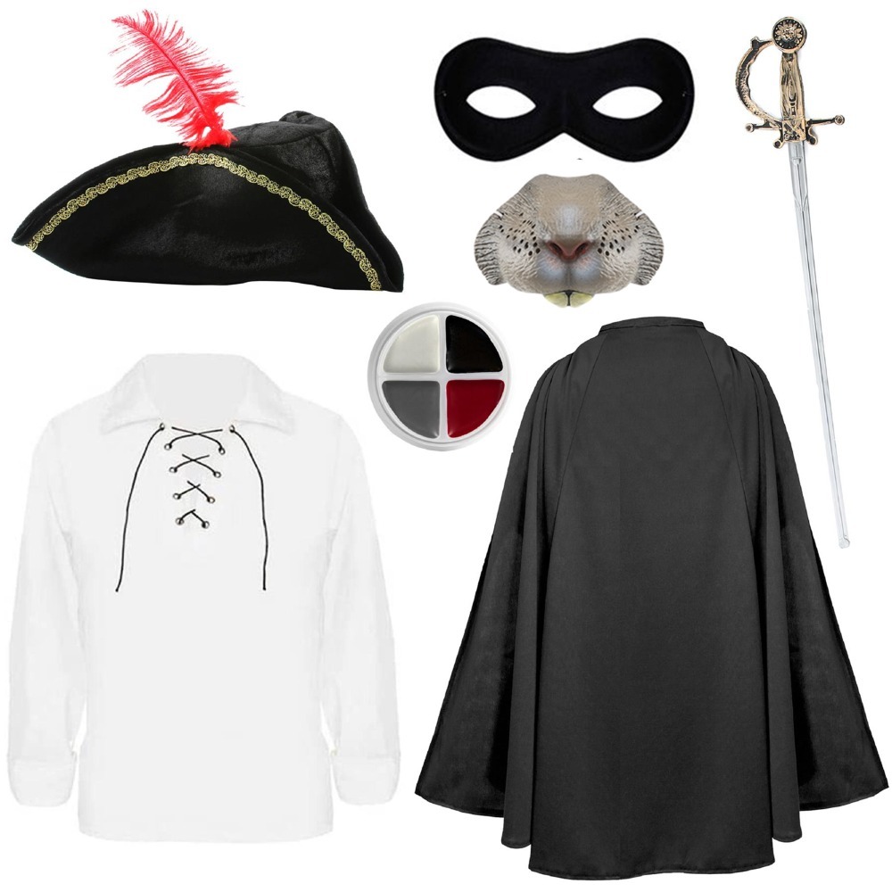 Click to view product details and reviews for Childs Highway Rodent Costume 7 Pcs Shirt Cape Feather Tricorn Hat Nose Mask Sword Face Paint L.