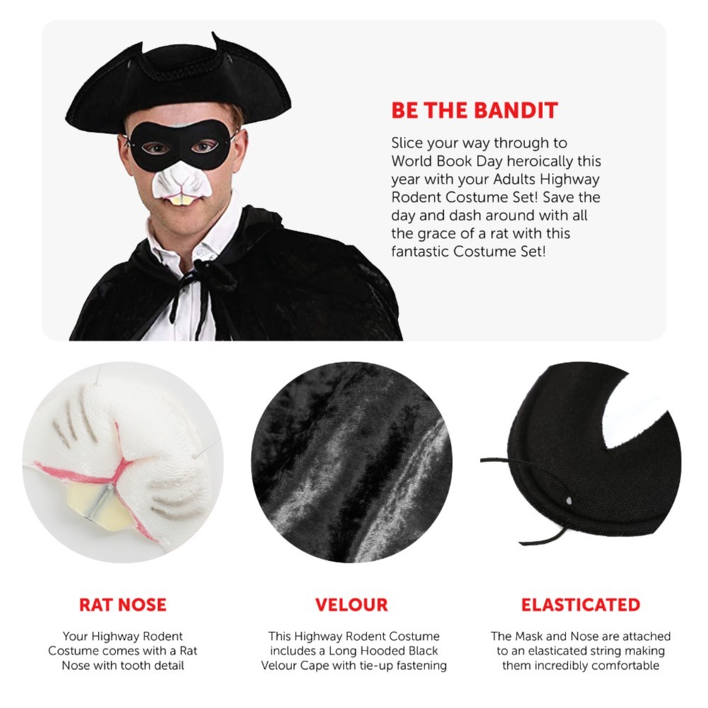 Adults Highway Man Costume - Black Tricorn Hat, Cape, Nose & Mask