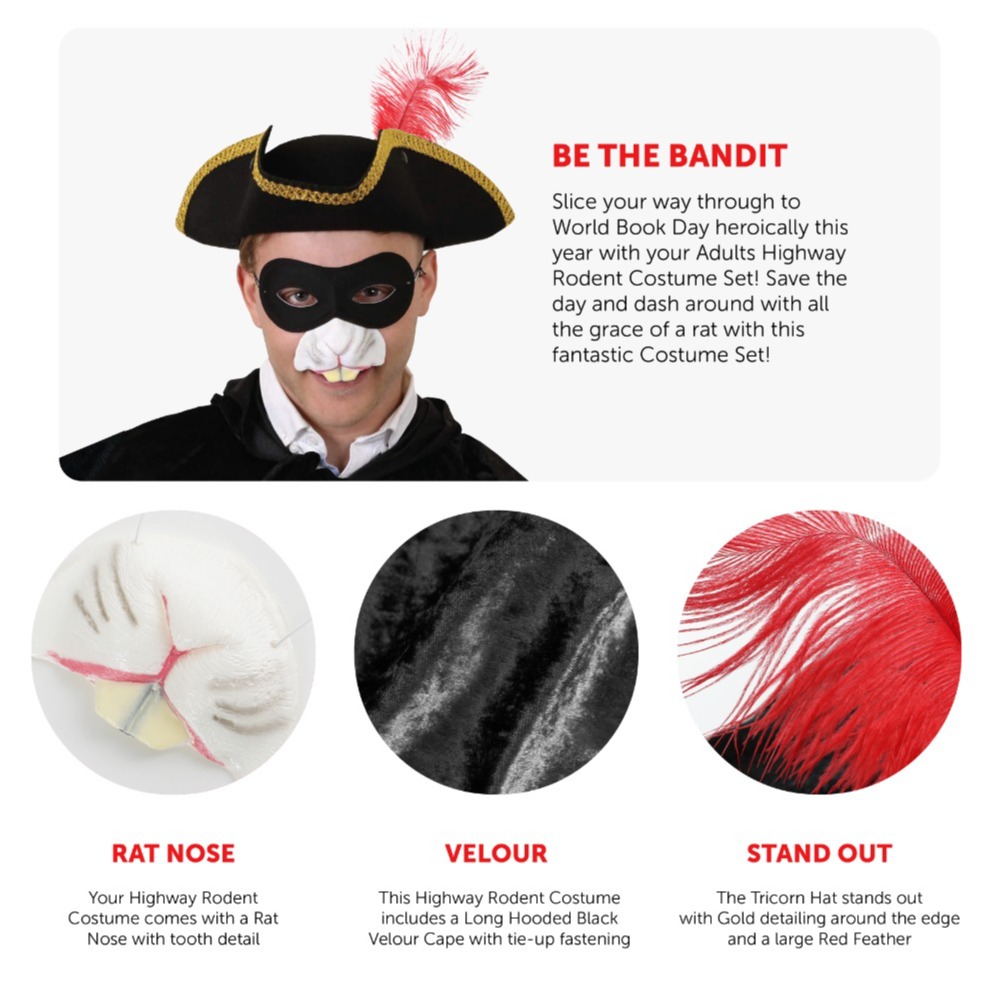 Adults Highway Man Costume - Feather Tricorn Hat, Cape, Nose & Mask
