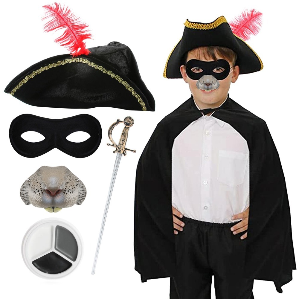 Childs Highway Rodent Costume - Feather Tricorn Hat, Cape, Nose, Mask, Sword & Face Paint