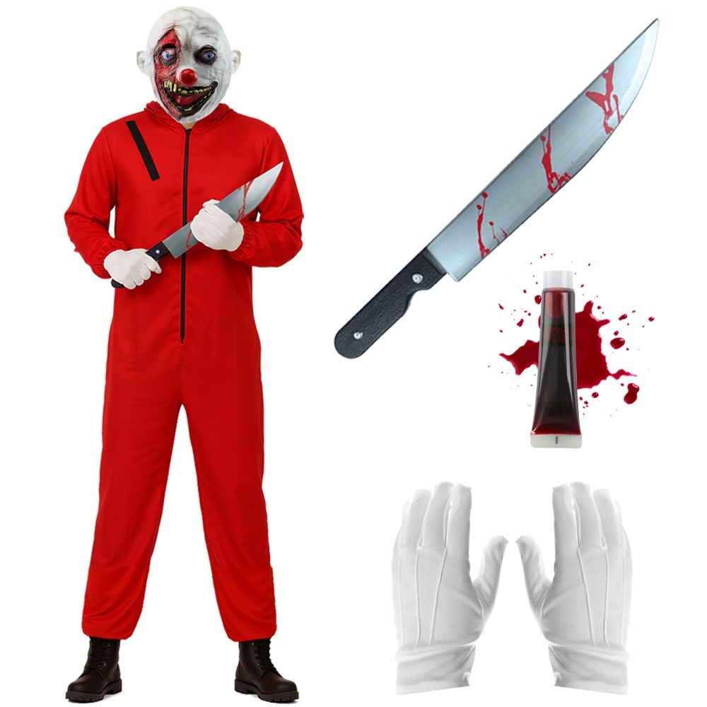Click to view product details and reviews for Adults Horror Clown Costume 5 Pcs Red Jumpsuit Scary Mask Blood Gloves Machete Large.