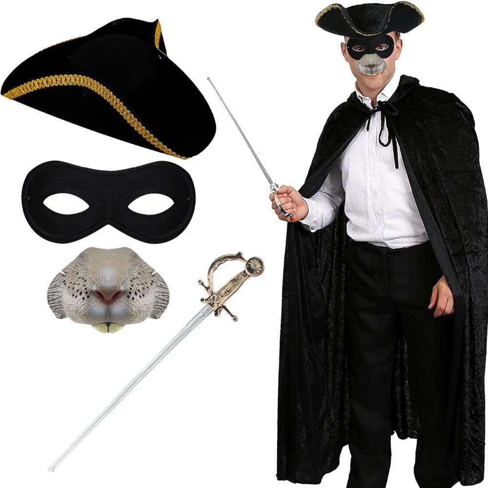 Adults Highway Man Costume | 5 Pcs | Cape, Gold Trim Tricorn Hat, Nose, Mask & Sword