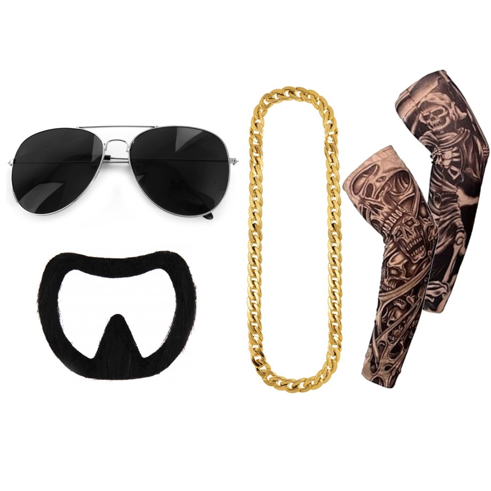 Ibiza Final Boss Costume Accessory Set | 4 Pcs | Chain, Aviator Sunglasses, Goatee & Tattoo Sleeves