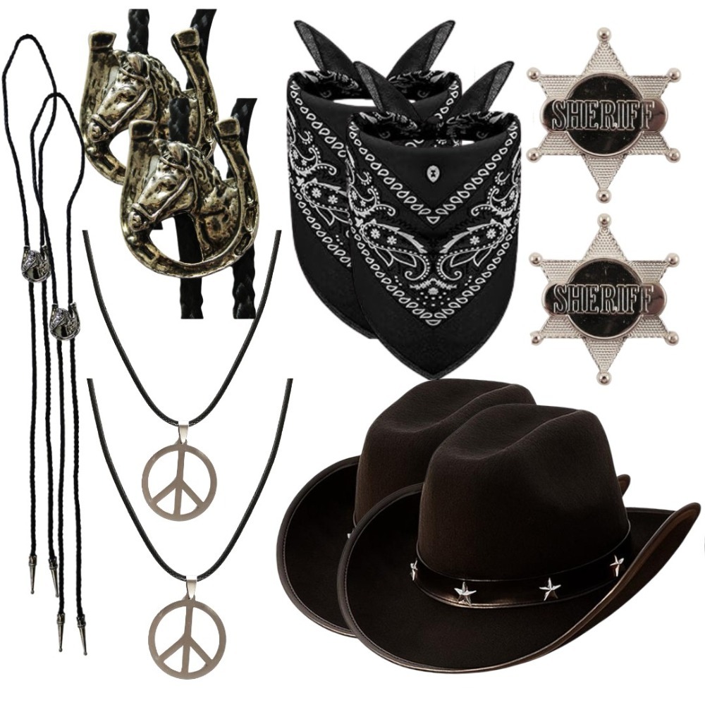 Click to view product details and reviews for Adults Cowboy Duo Set 10 Pcs Black Hat Bootlace Tie Necklace Bandana Sheriff Badge.
