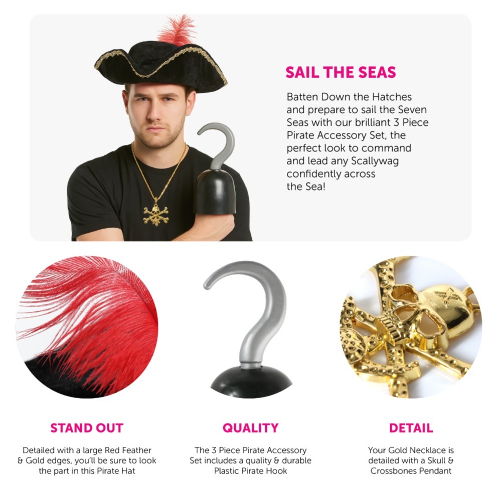 Pirate Accessory Set | 3 Pcs | Hat, Hook & Necklace
