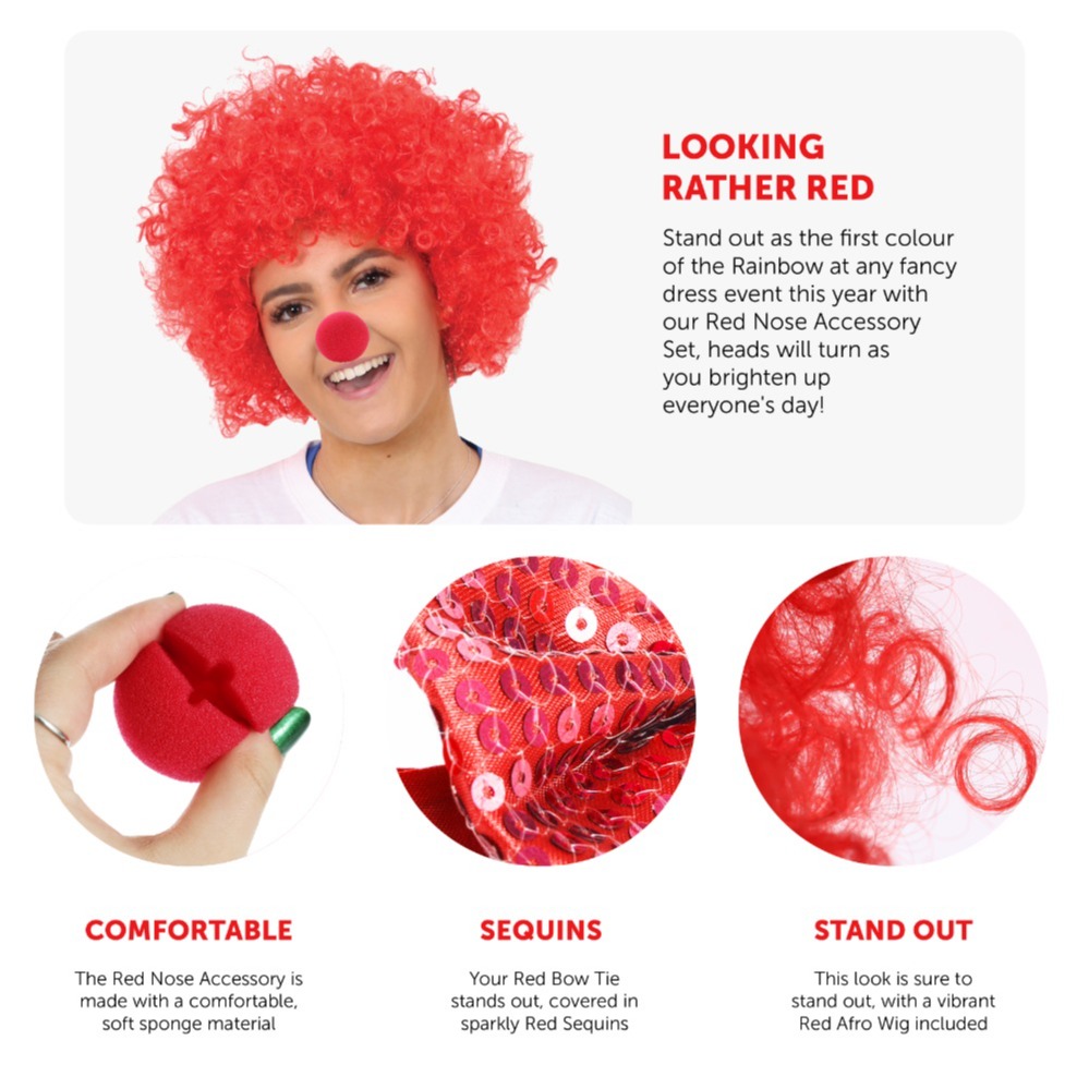 Red Nose Day Set- Red Nose, Afro Wig & Bow Sequin Tie