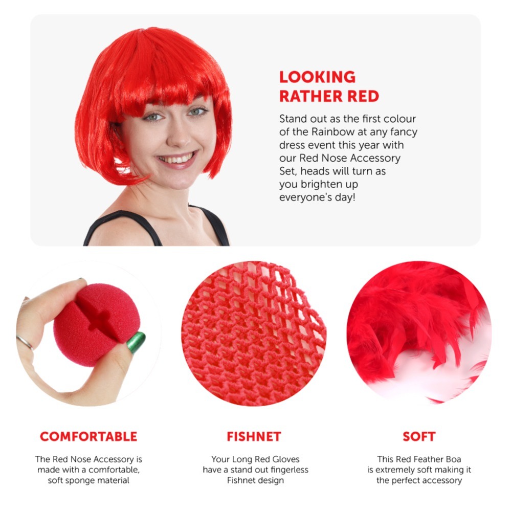 Red Nose Accessory Set - Nose, Bob Wig, Feather Boa, Fishnet Gloves, Tutu & Leg Warmers