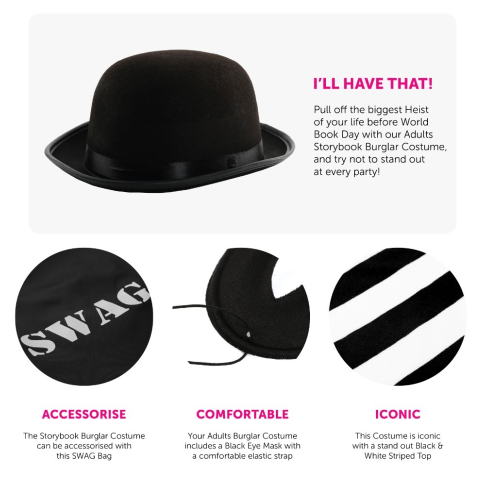 Ladie's Storybook Burglar Costume - Long Sleeve Top, Bowler Hat, Wig, Mask, Gloves & Swag Bag