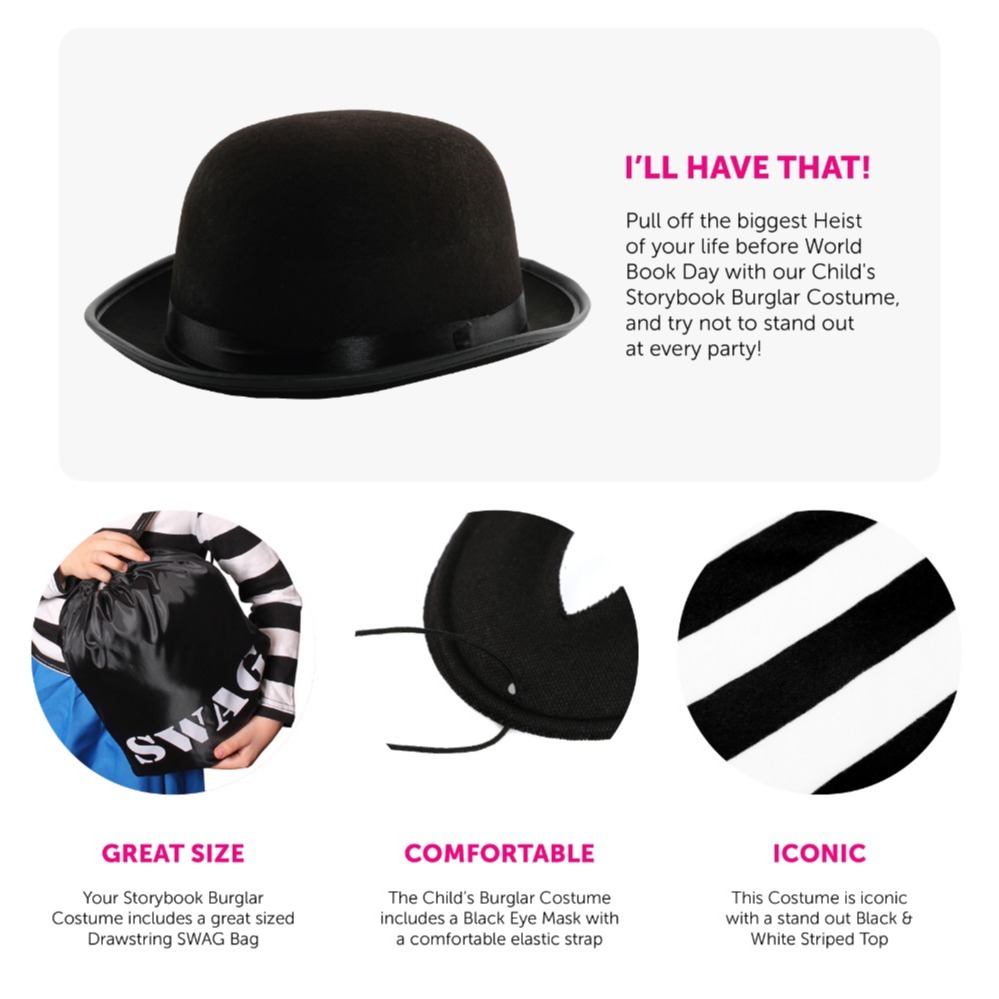 Girls Storybook Burglar Costume - Long Sleeve Top, Mask, Bowler Hat, Wig, Gloves & Swag Bag