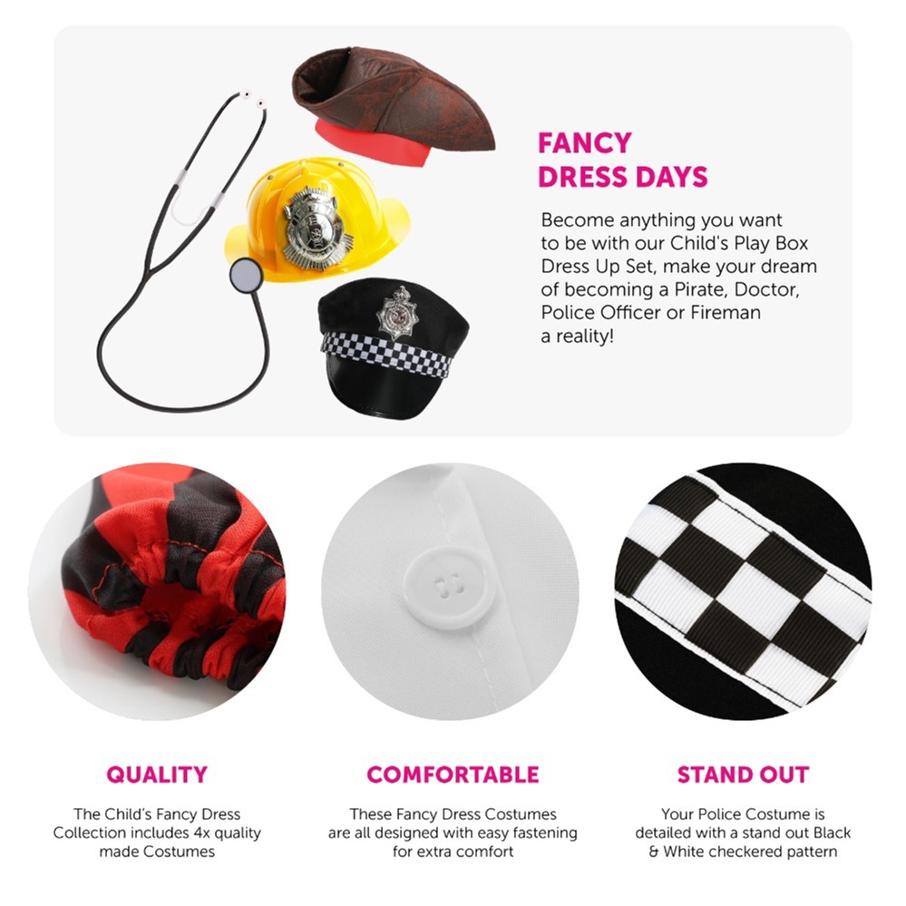 Boys Dress Up Set - Pirate, Doctor, Police & Fireman