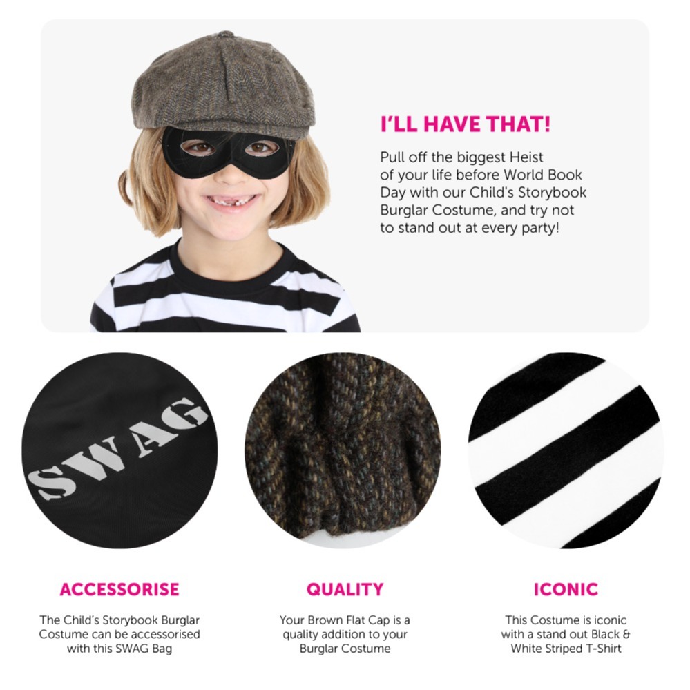 Child's Storybook Burglar Costume - Short Sleeve Top, Brown Hat, Mask & Swag Bag