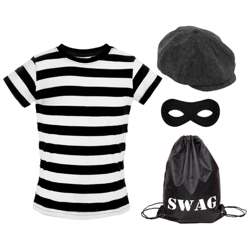 Child's Storybook Burglar Costume - Short Sleeve Top, Grey Hat, Mask & Swag Bag