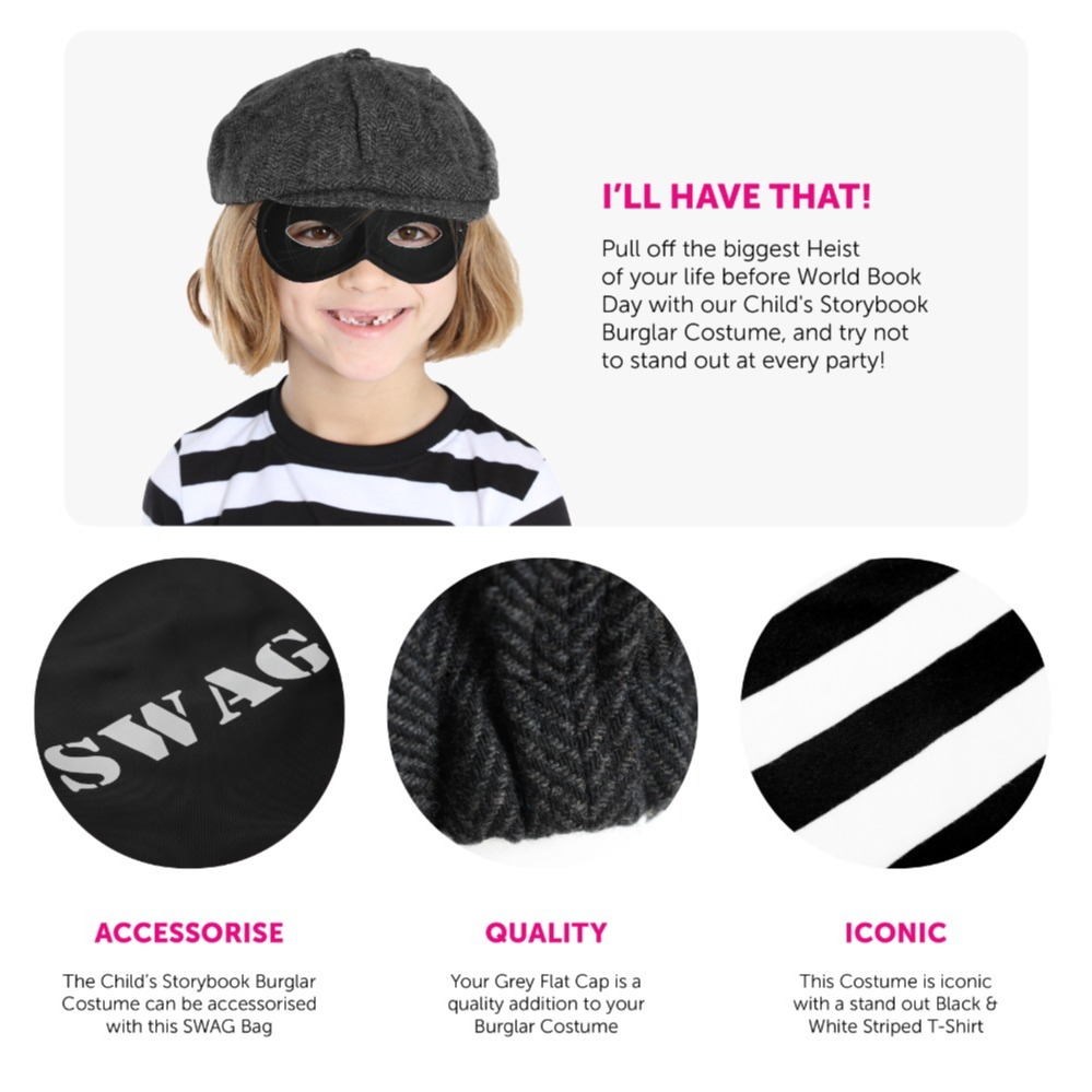 Child's Storybook Burglar Costume - Short Sleeve Top, Grey Hat, Mask & Swag Bag