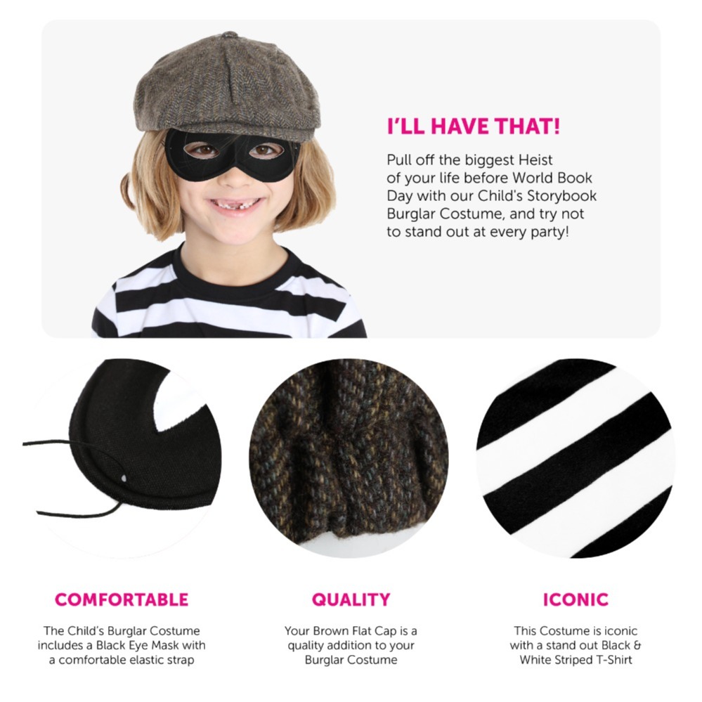 Child's Storybook Burglar Costume - Short Sleeve Top, Brown Hat, Mask & Gloves