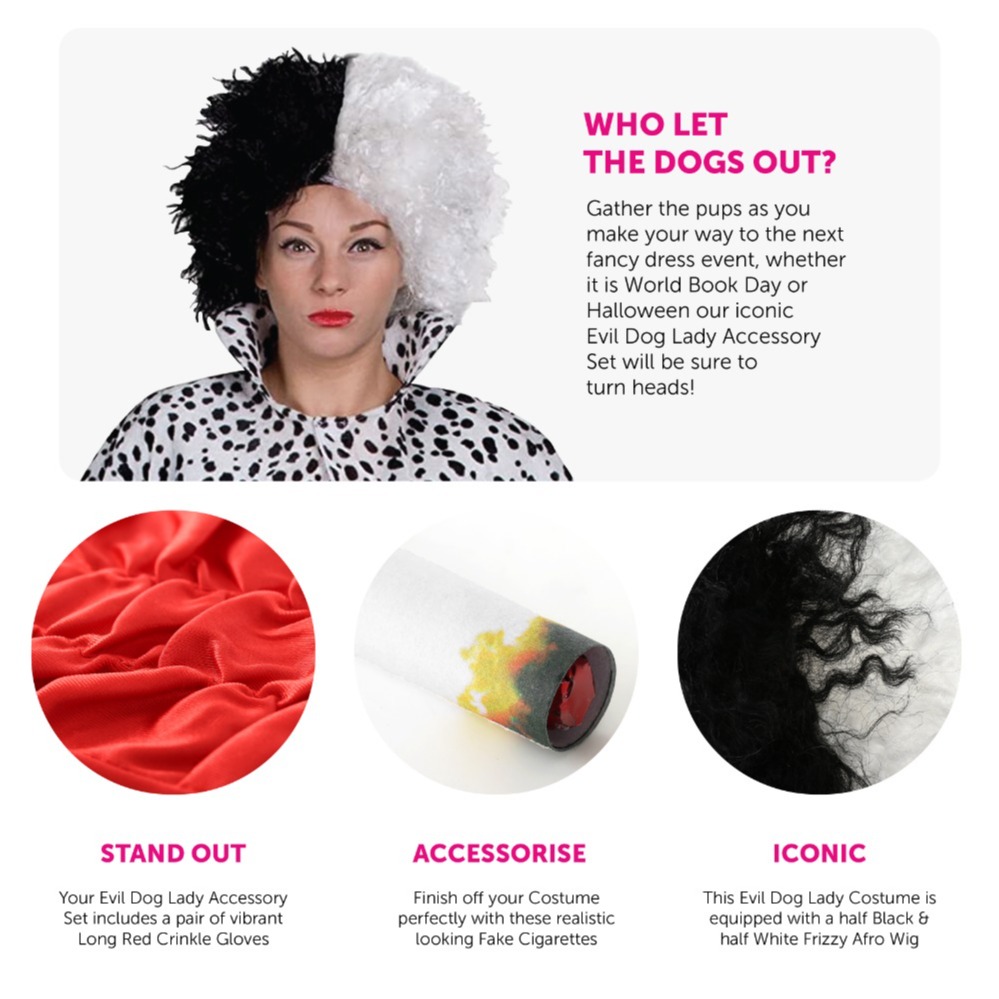 Evil Dog Lady Accessory Set - Crimped Wig, Red Gloves & Fake Cigarettes