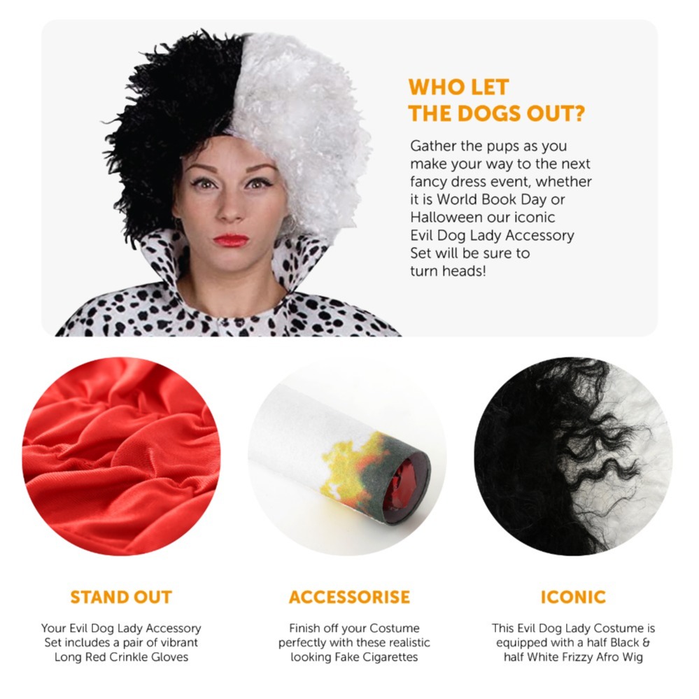 Evil Dog Lady Accessory Set - Crimped Wig, Red Gloves, Fake Cigarettes & Dalmatian Dog
